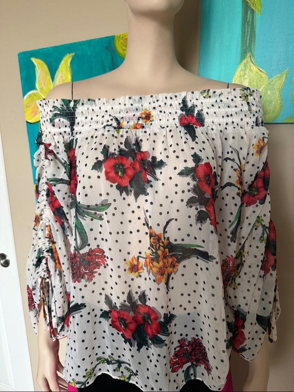 Off-Shoulder Floral Polka Dot Women’s Top - White with Red Flowers